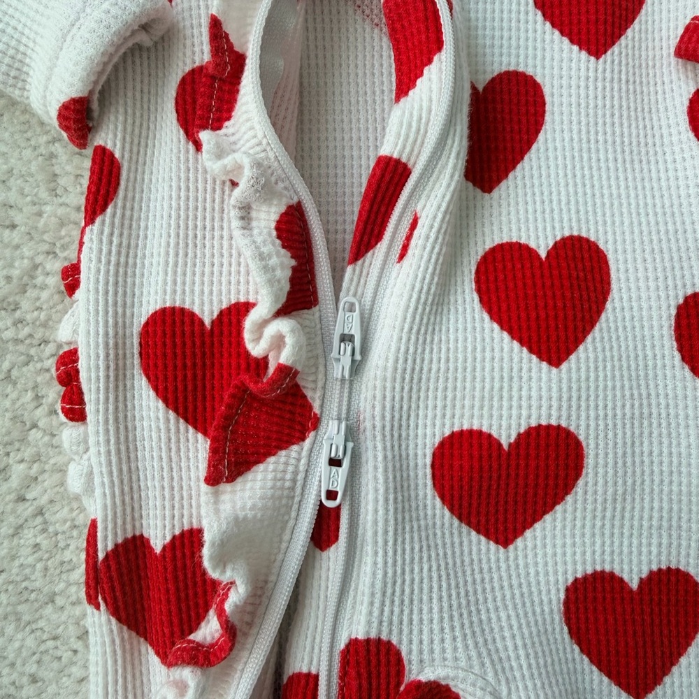 Spearmint Love Red Heart Waffle Knit Ruffled Footed One Piece - Picture 4 of 11